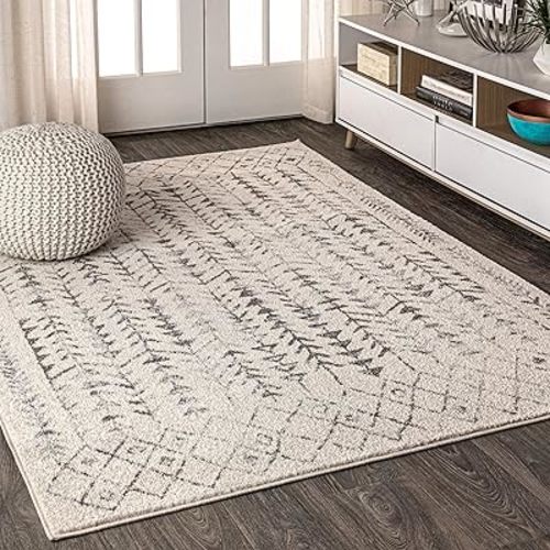 JONATHAN Y Ziri Moroccan Geometric Cream/Gray Indoor Area Rug, 5x8, Bohemian, Scandinavian, Easy-Cleaning for Living Room, Bedroom, Kitchen, Pet Friendly, Non-Shedding (MOH210A-5)
