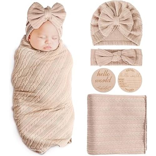 AQOKKA Newborn Receiving Blanket with Bow Hat Headband Wooden Card Set Wheat-Pattern Newborns Toddler Baby Boy Girl Nursery Swaddle Wrap