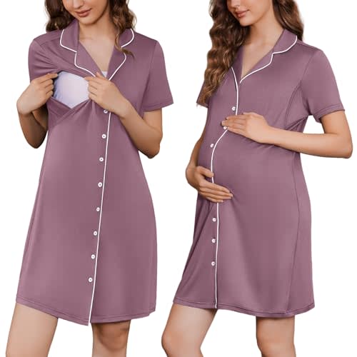 Ekouaer Button Down Nursing Nightgown V Neck Breastfeeding Dress Short Sleeve Classic Maternity Pajamas