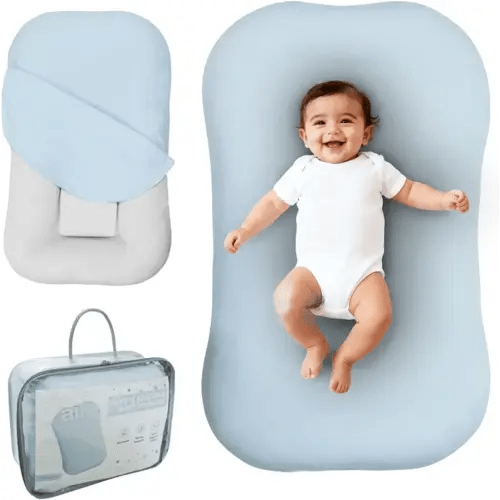 Aila + Aiden Baby Lounger | Organic Cotton Infant Lounger | Adjustable & Portable Floor Lounger | Supervised Use | Soft, Breathable, Washable Cover - Snuggle Collection - (Blue)