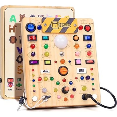 Busy Board with LED Light Switches, Montessori Toys for 1 2 3 Years Old, Toddlers Wooden Toy Sensory Activity Board, Travel Toys for 1+ Year Old Boy & Girl Birthday Gift (19 Switches)