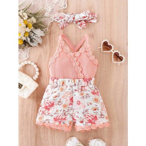 Baby Girl Floral Print Appliques Crisscross Back Cami Romper | SHEIN USA