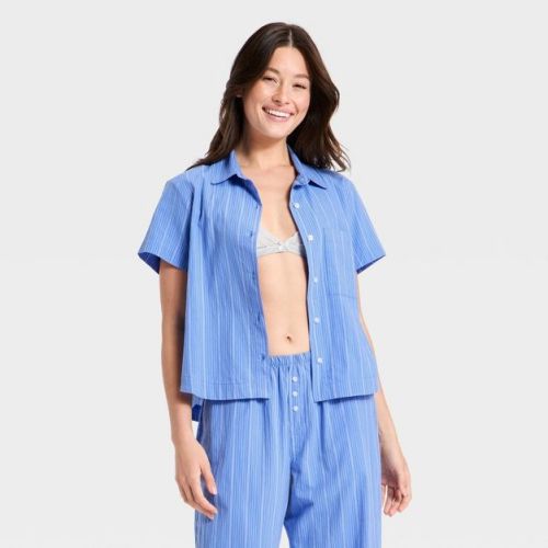 Women's Striped Cotton Blend Short Sleeve Pajama Shirt - Auden™ Blue M