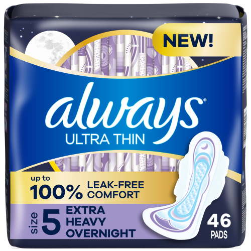 Always Ultra Thin Overnight Pads with Wings, Size 5, Extra Heavy Overnight Absorbency, 46 CT HSA/FSA Eligible