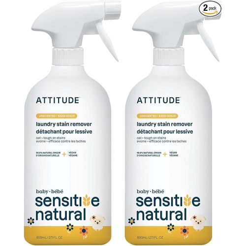 ATTITUDE Fabric Stain Remover for Baby Clothes, Plant- and Mineral-Based Ingredients, Vegan and Cruelty-free Laundry Products for Sensitive Skin, Unscented, 27 Fl Oz (Pack of 2)
