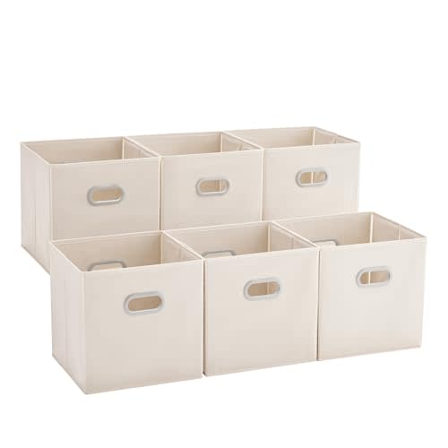 MAX Houser 6 Pack Foldable Fabric Storage Bins with Handles - Ideal for Closet Organization, Bedroom and Nursery（ Beige, 12"x12"x12"）