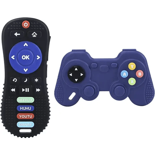AULEGE 2 Pack Silicone Teething Toys, TV Remote Control & Game Controller Shape Silicone Teether Toys, Infant Sensory Toy for Boys and Girls 3-6-12 Months, BPA Free
