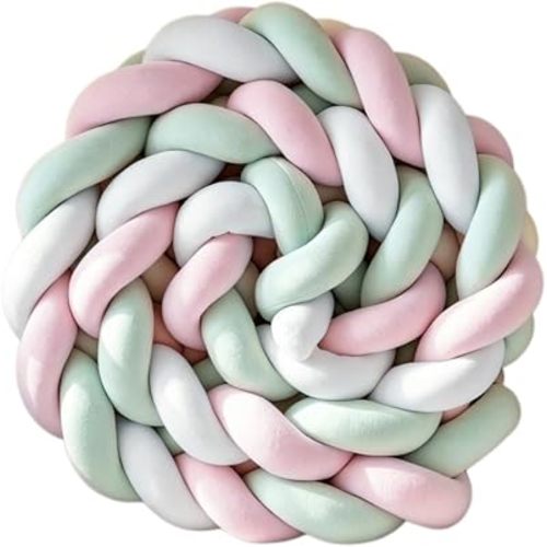 Mixed-Color Handmade 3-Strand Braided Knot Pillow, Soft Plush Decorative Throw Pillow for Bed Sofa Living Room Decor (White Pink and Green, 118.1in(3m))