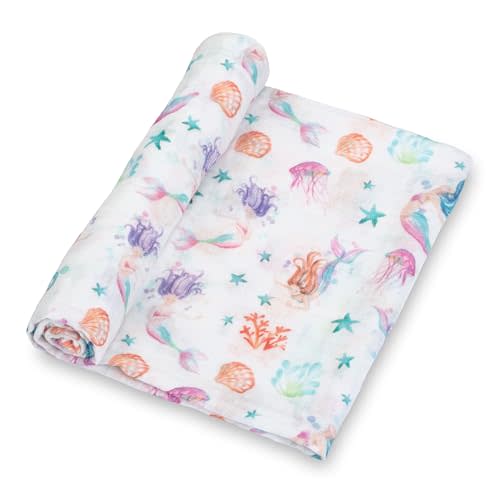 LollyBanks Muslin Swaddle Blanket, 100% Cotton Breathable Baby Blanket for Girls, Soft and Lightweight 47 x 47 Inches Newborn Receiving Blankets, Gentle Baby Wrap, Newborn Essentials (Mermaid Print)