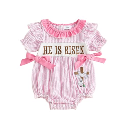 Newborn Baby Girl Easter Outfit He Is Risen Romper Bunny Short Sleeve Bodysuit Summer Infant Girl Clothes