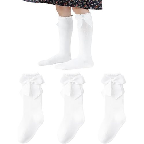 Baby Knee High Socks Toddler Cotton Long Socks with Bow for Girls | Ruffle,Cute,Newborn,Infant,Sweet,Durable,High Stretch,Skin-friendly,Breathable,Dress Socks,Versatile,White,Black,Pink,Grey