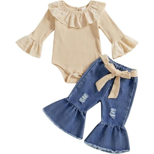 fhutpw Baby Girls Summer Clothes Set Lace Hollow Out Long Sleeve Romper + Ripped Patchwork Jeans Infant Cute 2Pcs Outfits