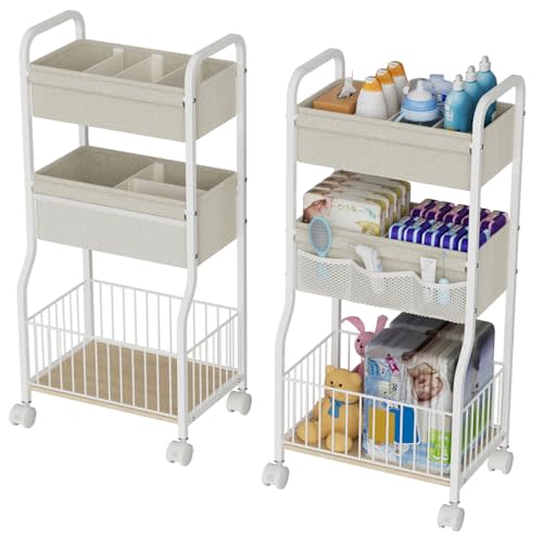 3-tier Baby Diaper Caddy Organizer and Storage Cart with 4+3 Dividers, Metal Utility Cart with Lockable Wheels for Nursery, Bedroom, Bathroom, White