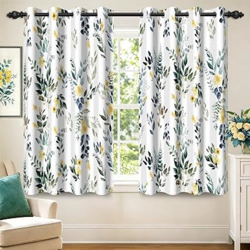 Green and Yellow Floral Blackout Curtains 63 Inches Length Watercolor Botanical Leaf Room Darkening Curtains Cottage Thermal Insulated Light Blocking Window Drapes Grommet for Bedroom Bathroom