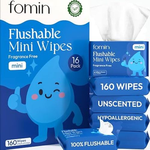 Fomin Compact Travel Flushable Wipes 16 Pack (160 Wipes Total) - Unscented Travel Size Wet Wipes for Adults - pH Balanced, Biodegradable, Plant-Based - Hypoallergenic Tush Wipes for Women & Men
