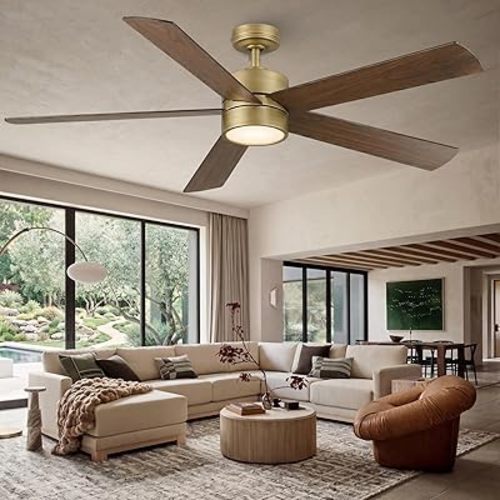 60" Antique Bronze Ceiling Fan with Light, 5 Reversible Walnut/Grey Oak Blades, Quiet DC Motor 6308 CFM for Great Rooms & High Ceilings, 3-Color LED, Mid-Century Modern Style