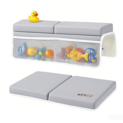 WEXIO Water-Resistant Baby Bath Kneeler and Elbow Rest Pad Set, Soft Bathtub Kneeling Pad for Bathing Baby with Toys Pocket, Tub Knee Cushion Mat for First Time Mom Newborn Bath Time Essentials, Grey