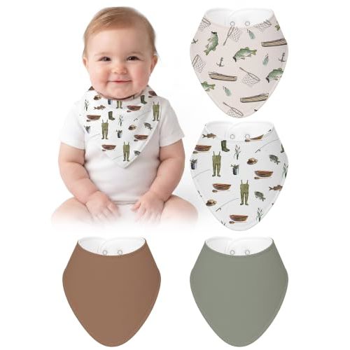 Boao 4 Pcs Baby Bandana Bib Cute Baby Nursery Decor Cotton Newborn Infant Feeding Drool Bib for Drooling and Teething Girl Boy (Fishing,Green and Brown)