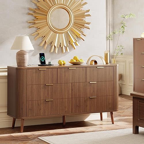 Alohappy Fluted 7 Drawer Dresser with Charging Station, 57" Wide Modern Chest of Drawers, Mid Century TV Stand with Curved Profile Design for Bedroom, Living Room, Entryway, Home Office, Walnut