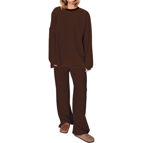 Women Striped 2 Piece Lounge Set Long Sleeve Oversized T Shirts Wide Leg Pants Matching Sets Casual Comfy Pajama Sets
