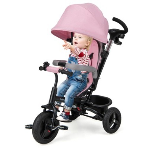 Costway 4-in-1 Baby Tricycle Toddler Trike w/ Reversible Seat, Canopy & Push Handle Black\Gray\Pink, Color: Pink