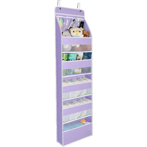 Univivi 6-Shelf Over Door Hanging Organizer Fabric Baby Door Storage with 5 Large Pockets and 3 Small PVC Pockets Wall Mount Hanging Storage Organizers for Baby Essential (Purple)