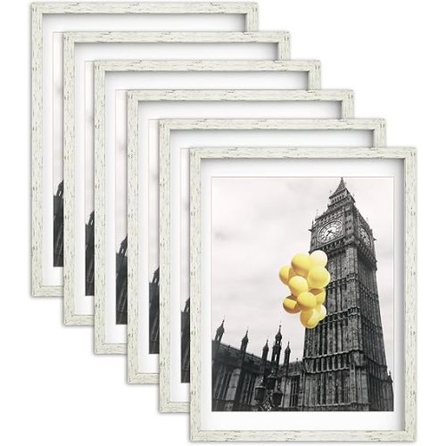 BSRHOMR 12x16 Picture Frame with Mat Distressed White, Country Rustic Style Photo Frame Set of 6 with Removable 11 x 14 Mat, Display Table Top or Wall Mount for Gallery