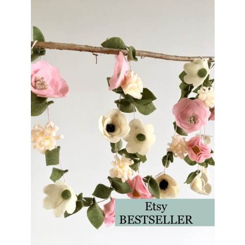 Felt Floral Flower Garland // Spring Decor // Nursery // Wedding Decor // Flower Bunting // Pink, Cream, Green