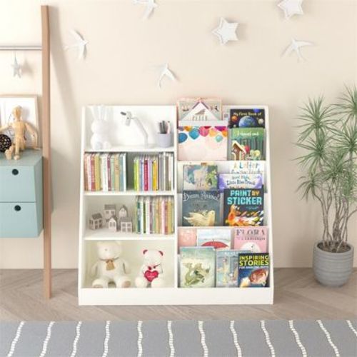 4 Tier Kids Wooden Bookshelf, 6 Layer Sling Bookcase, Baby Storage Book Rack, Book Display Shelf, Book Toy Organizer Cabinet For Nursery Playroom