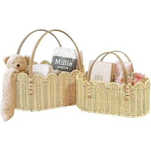 Scalloped Baskets with Handles,Hand-woven Rattan Basket,Wicker Basket with Scalloped Edge,Scalloped Storage Baskets for Home Organizing and Decor(Set of 2-Natural)