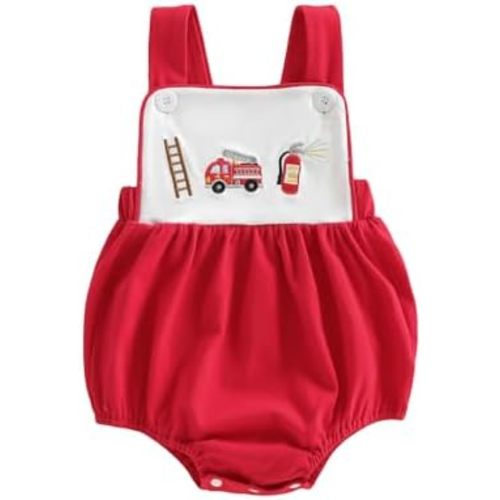 Newborn Baby Boy Overalls Fire Truck/Police Car Sleeveless Romper Strap Bodysuit Infant Firefighter Summer Outfit