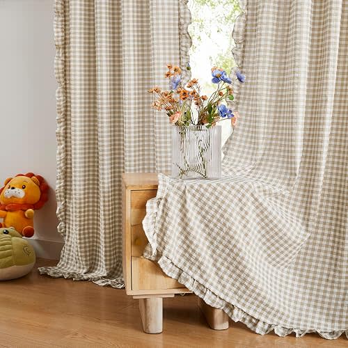 ZJDECOR 63 Inch Khaki Buffalo Plaid Ruffle Window Curtains for Bedroom