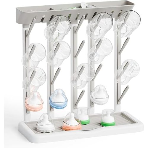 Yieach Larger Baby Bottles Drying Rack for 20 Bottles,Space Saving Feeding Drying Rack for Baby Bottles for Countertop,Vertical Baby Bottle Holder & Storage Station for Pacifiers,Breast Pump,Grey