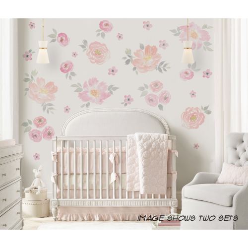 Watercolor Floral Repositionable Removable Decals, Peel and Stick Decals for Nursery or Girl's Room, Flowers Decal, PVC Free, Non Toxic