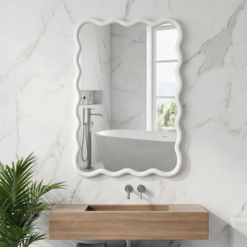 20" x 30" Wall Mirror with White Solid Wood Frame, Wavy Rectangle Decorative Mirror for Bathroom, Bedroom, Living Room, Entryway-Panipeachy