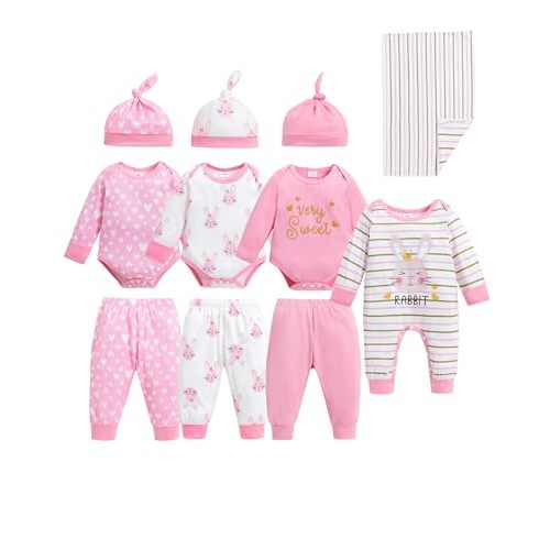 Renotemy Baby Girl Newborn Essentials Clothes 11-Piece Layette Set with Bodysuits, Pants, Hats, Blanket-Infant Gift Outfits