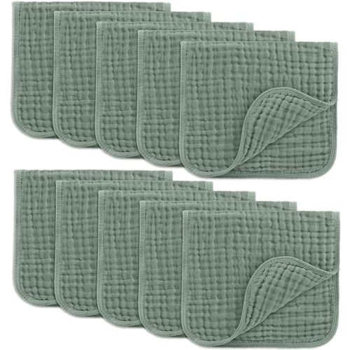 Comfy Cubs Muslin Burp Cloths Baby 50 x 25 cm, Pack of 10 - Large 6-Layer Ultra-Absorbent 100% Cotton for Babies Drool & Messes - Soft & Gentle Burp Cloth Baby Set for Boys & Girls - Fern