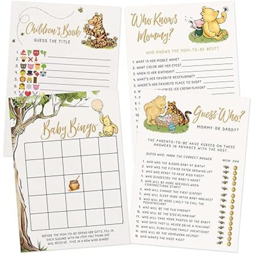 Printed Party Winnie Baby Shower Game Set – 4 Games with Classic Pooh Theme for 30 Guests, Includes Bingo, Mommy-to-be Trivia, Storybook Icon Guessing, and Guess Who, Bear Theme for Boy or Girl