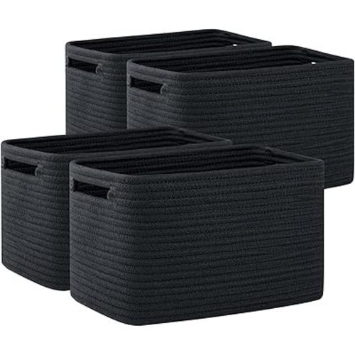 OIAHOMY 4 Pack Storage Baskets for Organizing, Cube Storage Bins for Shelves, Rectangle Storage Baskets With Handles, Woven Baskets for Storage, 12.7''Lx9''Wx7.8''H, Black