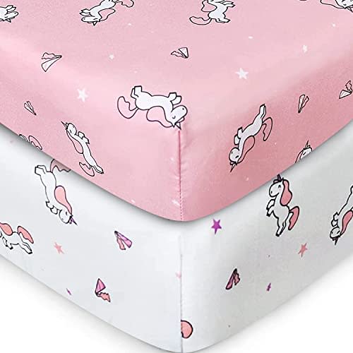 Girl Crib Sheets 2-Pack, Fitted 52'' x 28'' for Standard Crib & Toddler Mattress, Soft and Breathable Material, Neutral & Pink