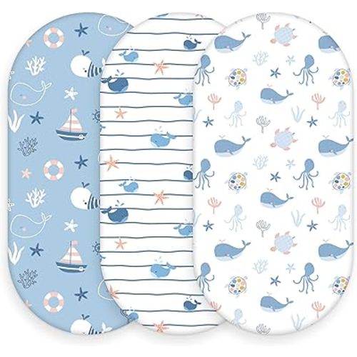 Baby Bassinet Sheets, 3 Pack Fitted Bassinet Mattress Sheets, Compatible with Halo Bassinest Swivel Sleeper & Oval Hourglass Rectangle Mattress, Ultra Soft Blue Ocean Whale