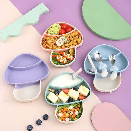 Silicone Suction Baby Plate With Spoon and Fork Mushroom Baby Plate Set Baby Self Feed Utensils Baby Spoon Baby Fork Suction Plate