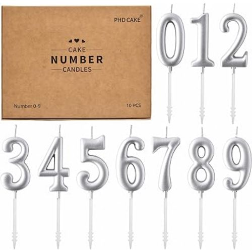 PHD CAKE 10-Pieces Silver Numeral Birthday Candles, Cake Numeral Candles Number 0-9 Glitter Cake Topper Decoration for Birthday,Wedding Anniversary,Party Celebration
