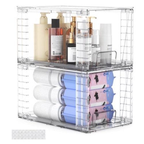 Stackable Storage Drawers, Large 2 Pack, Easily Assemble Acrylic Bathroom Closet Undersink Organizers and Storage, Plastic Storage Bins for Kitchen Cabinets, Pantry, Makeup Organization