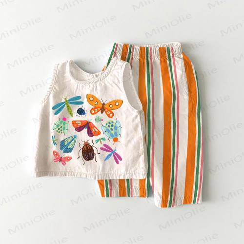6-12 month. Baby Toddler Insect Print 2-piece Sleeveless Striped Set