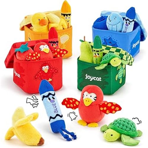 JoyCat Baby Toys 6-12 12-18 Months, Montessori Sensory Toys for 1 Year Old, 12 PCS Pushies with 4 Color Sorting Boxes, Animals Fruit Crinkle Crayon - Whats Inside Boy Girl