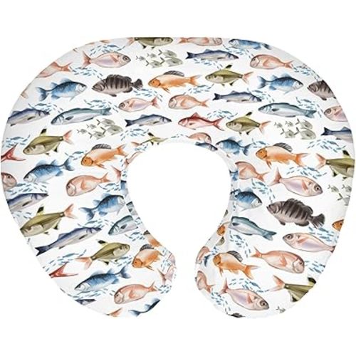 Watercolor Fishes Baby Nursing Pillow Covers for Boy Girl Freshwater Fish Bass Trout Fishing Nursery Pillowcase for Breastfeeding Pillows Fisherman Life Soft Stretchy Slipcovers for Newborn Infant