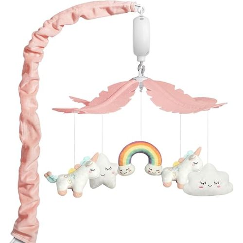 Crib Mobile for Girls - Pink and White Unicorn & Weather Theme, Mobile for Crib with 35 Lullabies & 3 Modes Music Box, Nursery Decoration for Infant Soothing & Sleep