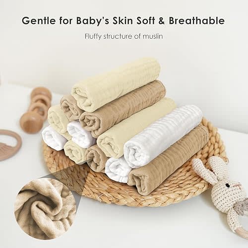 Sunny zzzZZ Muslin Burp Cloths for Baby 100% Cotton Burping Cloths for Unisex, Boy, Girl - Large 20'' by 10'' Newborn Essentials Ultra Soft Absorbent Milk Spit Up Rags - 12 Pack - White+Ivory+Brown