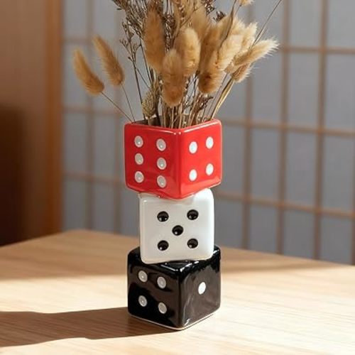 Triple Dice Vase - Unique Ceramic Small Vase with Wide Mouth | Modern Decorative Flower Vase for Living Room | Perfect for Fresh,Pampas Grass,Roses & Utensils | Ideal Gift for Art Enthusiasts
